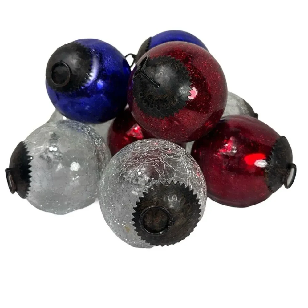 10 German Craquelle Crackle Glass Kugel Christmas Ornament Red Blue Clear 4”